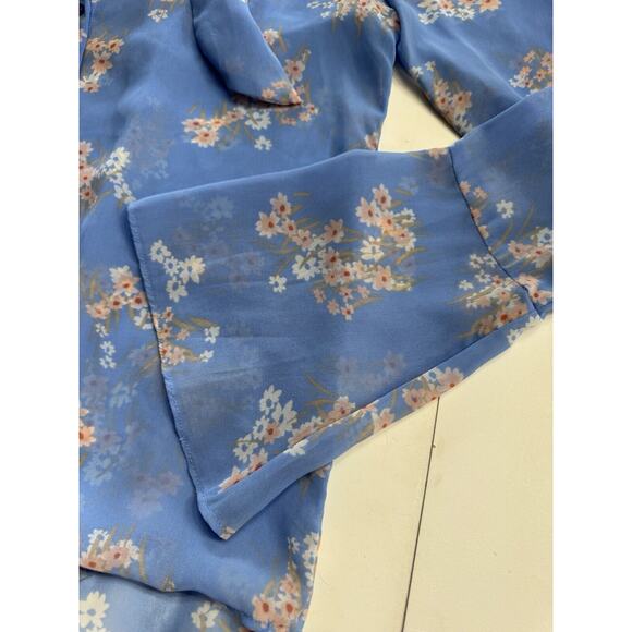 Juicy Couture Light Blue Long Bell Sleeve Button Up Blouse Floral Sheer XS - Picture 2 of 4